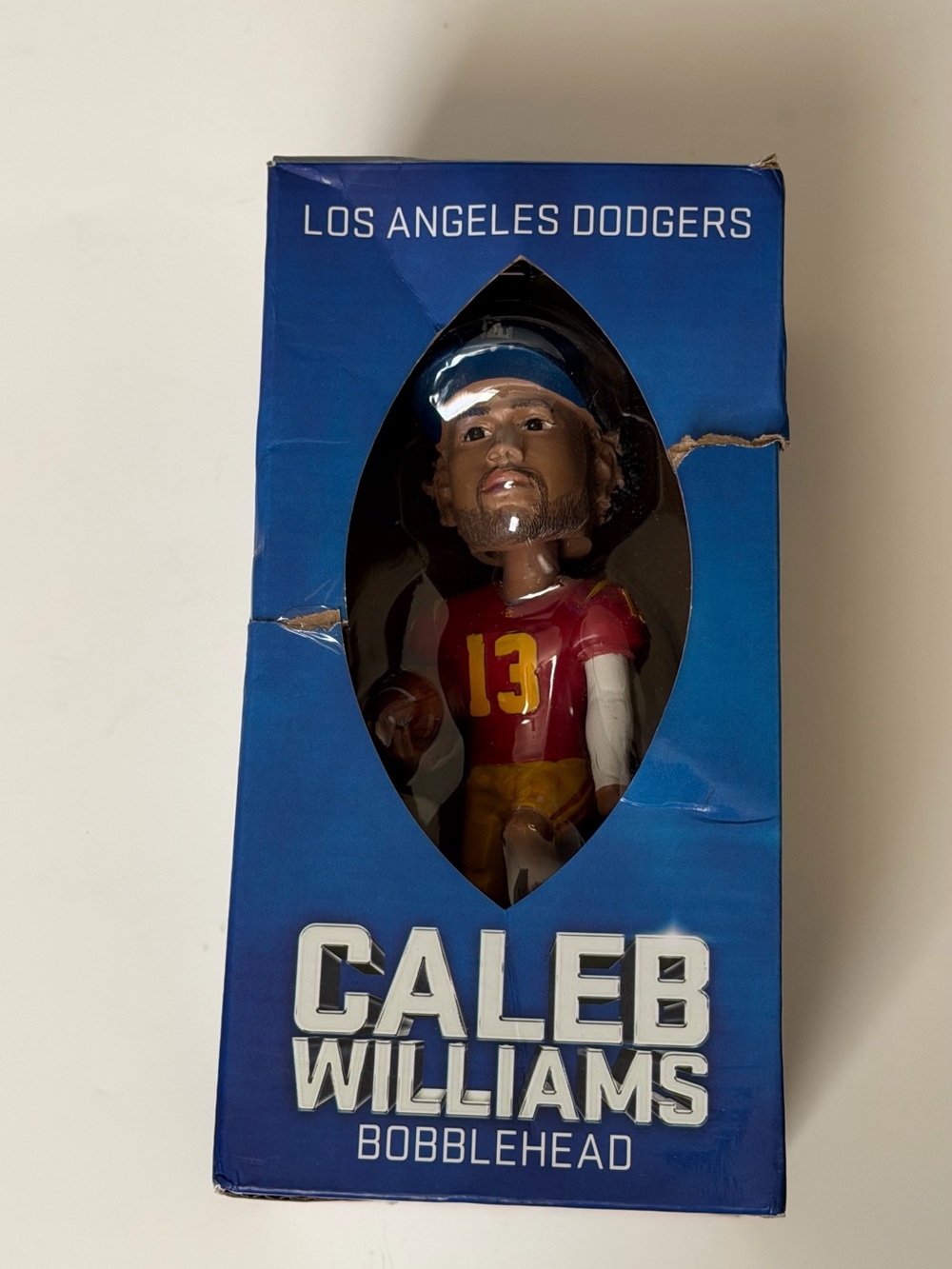 Caleb Williams Los Angeles Dodgers Bobblehead - Red & Gold Jersey display